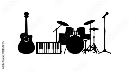 Musical Instruments Silhouette Vector Set with Acoustic Guitar Keyboard Drum Kit and Microphone Black and White