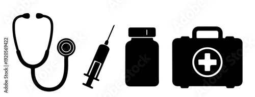 Medical Healthcare Tools Icon Set Stethoscope Syringe Medicine Bottle First Aid Kit Black and White Vector Graphic