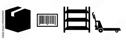 Warehouse Logistics and Shipping Icons Set Box Barcode Shelf Pallet Jack