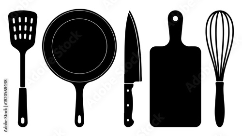 Black Kitchen Utensils Set with Frying Pan Knife Spatula Cutting Board Whisk Silhouettes