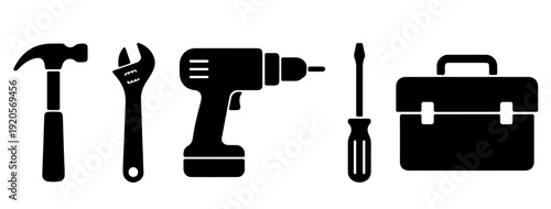 Essential Handyman and Home Repair Tools Black Silhouette Icons Set Hammer Wrench Drill Screwdriver Toolbox Vector