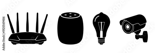 Smart Home Internet of Things Devices Vector Icons with Router Speaker Light Bulb and Security Camera Black Silhouettes