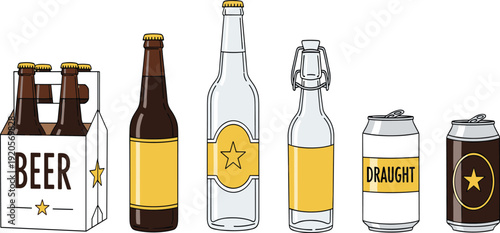Beer Bottle and Can Packaging Set with Carrier Box, Draught Can, and Glass Bottles Illustration for Brewery Branding and Beverage Design