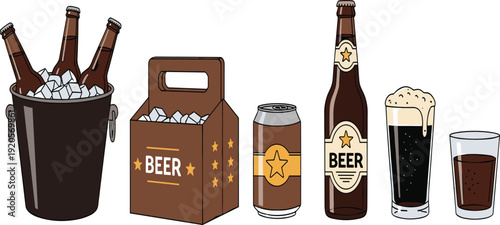 Beer Packaging and Serving Collection with Bottles, Can, Glass, and Ice Bucket Illustration for Brewery Branding, Bar Menu, and Beverage Design