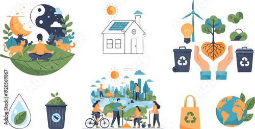 Meditation with pets on leaf island surrounded by nature, eco-friendly recycling symbols, flat design vector illustration