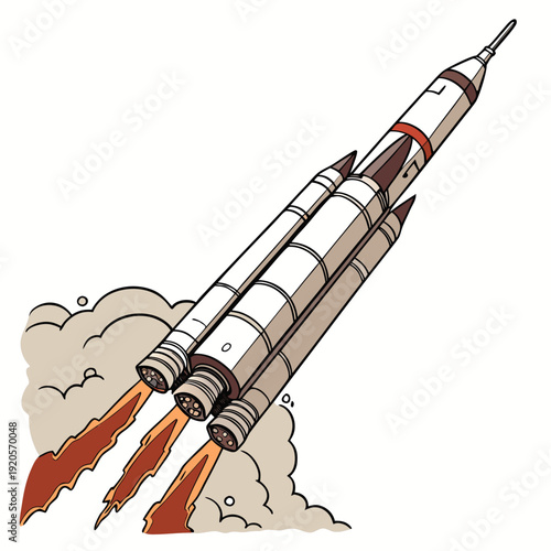 Cartoon style space rocket launching with smoke and flames