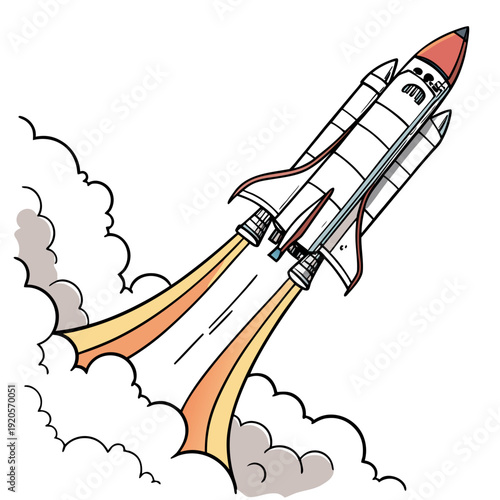 Cartoon rocket ship blasting off into the sky with flames and smoke