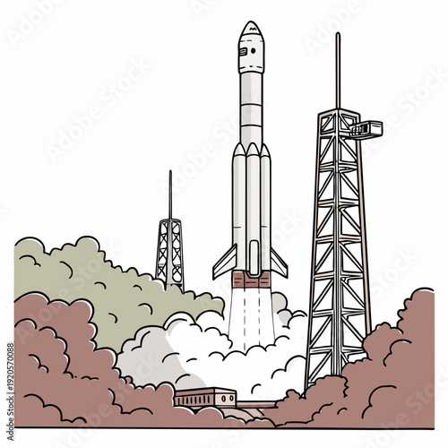 Cartoon rocket launching from pad with towers and smoke