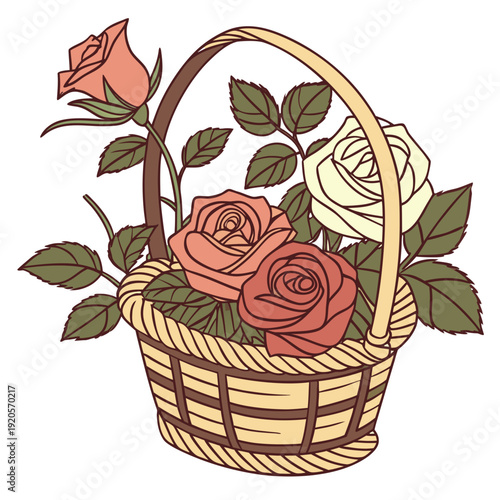 Vibrant blooming roses in a wicker basket flowers
