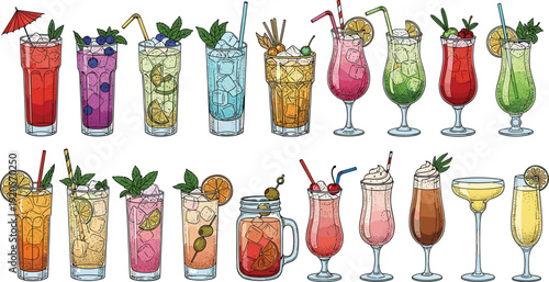 Colorful Cocktail Drinks Collection with Fresh Fruit Garnish, Summer Beverage Illustration Set for Bar Menu, Party Design, and Tropical Refreshment Concepts