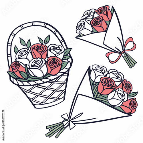 Of florist style rose bundles arranged in basket and wrapped