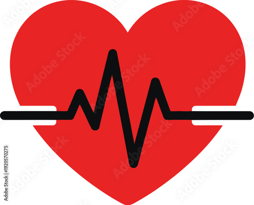 A bright red heart shape prominently displays a black electrocardiogram line illustrating cardiac rhythm monitoring.