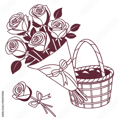 Slika na platnu Of maroon roses bouquet in basket flowers