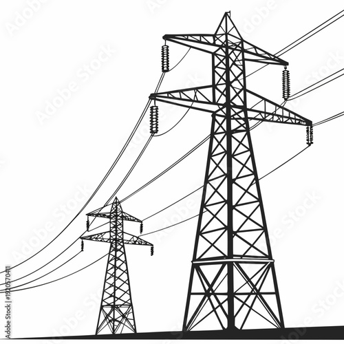 Black and white of two power transmission towers with wires
