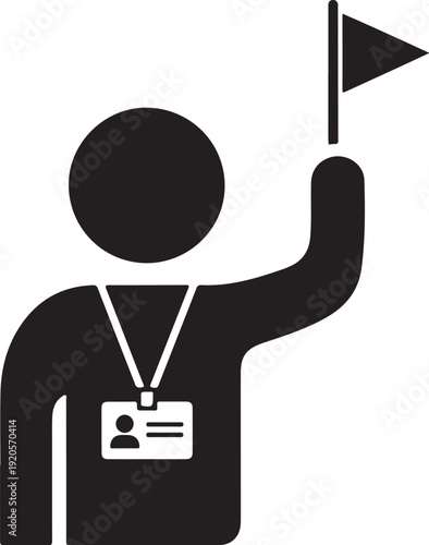 Iconic representation of a tour guide or leader holding a flag and wearing an identification badge, symbolizing guidance and leadership. 
