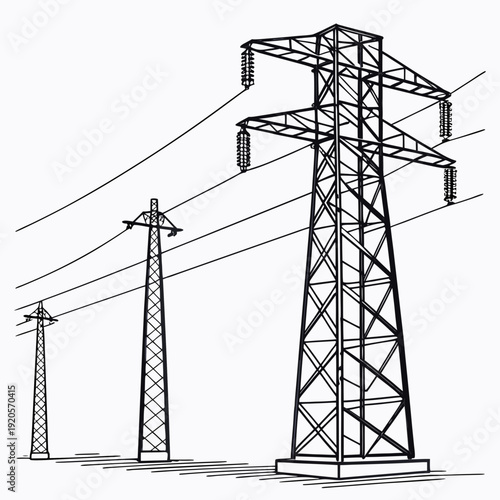Black and white of power transmission towers and lines