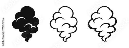 Smoke cloud icon set. Steam or vapor doodle symbol. Solid, outline, and hand-drawn versions, representing pollution or cooking steam.