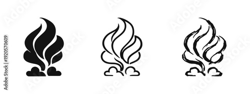 Rocket exhaust icon set. Thrust or propulsion plume doodle symbol. Solid, outline, and hand-drawn versions, ideal for space and power concepts.