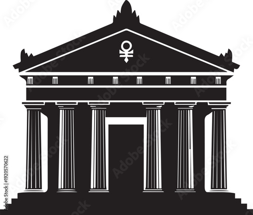 Ancient temple or mausoleum silhouette vector illustration with columns and egyptian ankh symbol
