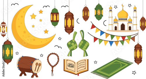 Ramadan Kareem Islamic Elements with Crescent Moon Lantern Mosque Quran and Traditional Decorations Vector Illustration