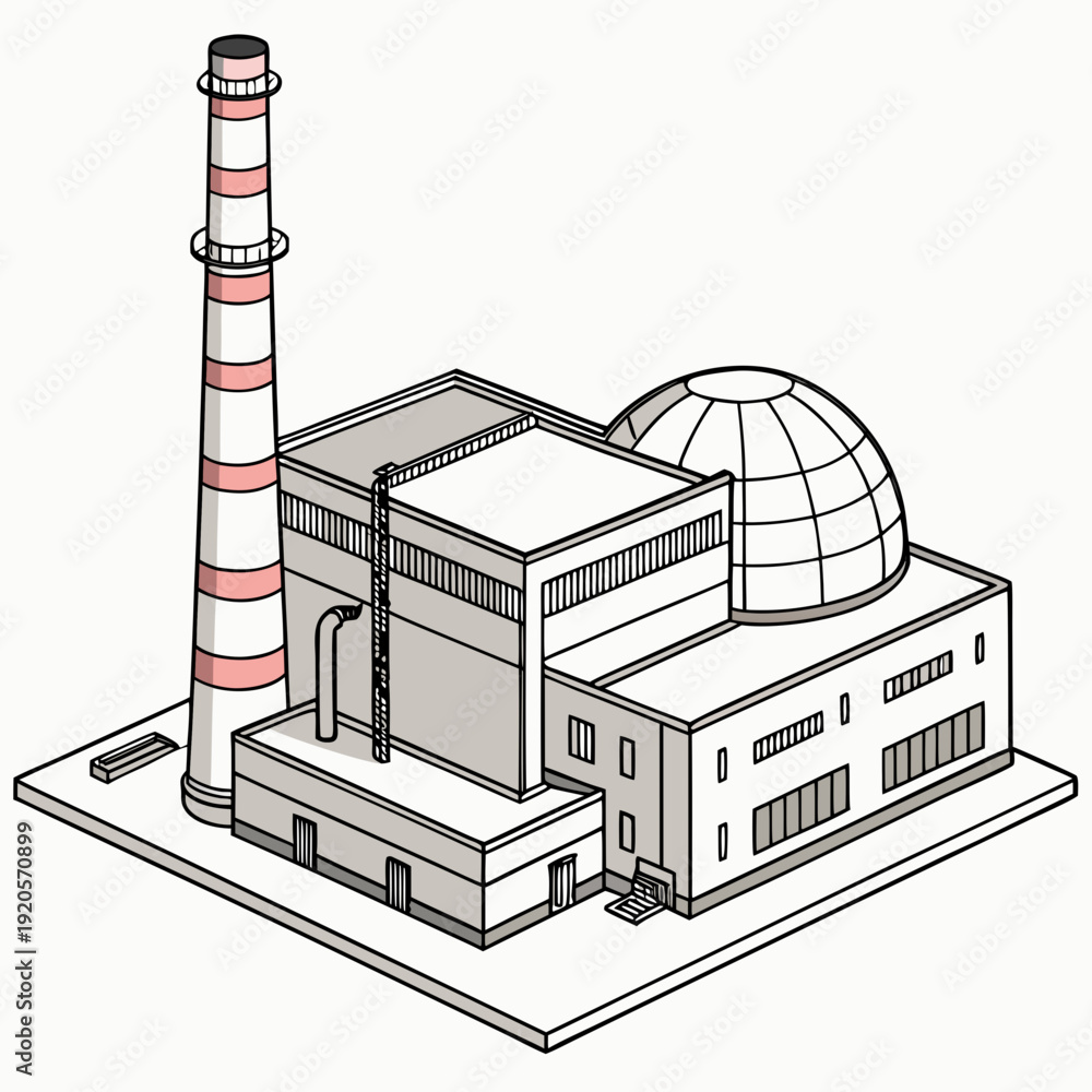 Naklejka premium Nuclear power plant with cooling tower and dome industrial building