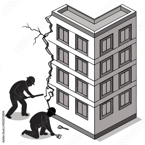 Of workers assessing damage to urban building damage