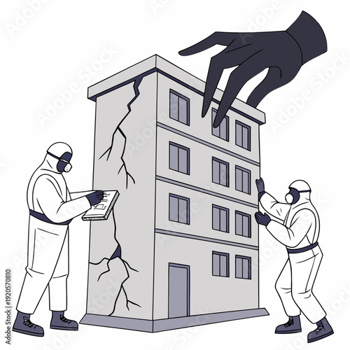 Damaged building inspection by workers in hazmat suits