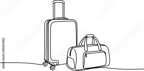 Minimalist luggage illustration, suitcase outline, duffel bag drawing, travel gear, packing essentials, trip preparation, clean design, modern style, organized equipment