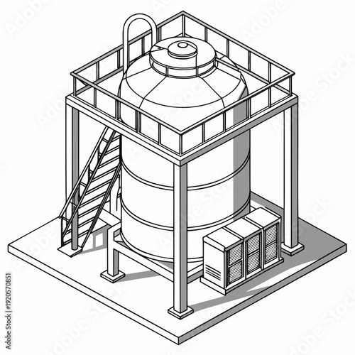 Isometric view of industrial reactor with symmetrical layout and staircase