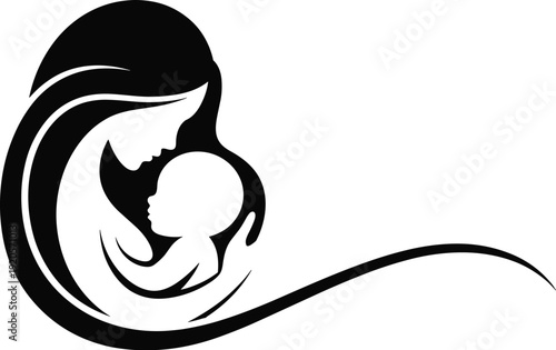 Mother holding child illustration, maternal love, family bond, parenting care, motherhood silhouette, nurturing embrace, elegant design, minimal art, emotional connection
