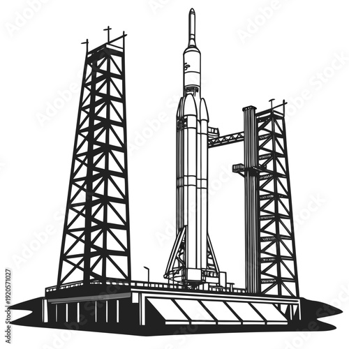 Black and white of a rocket on a launchpad space spacecraft