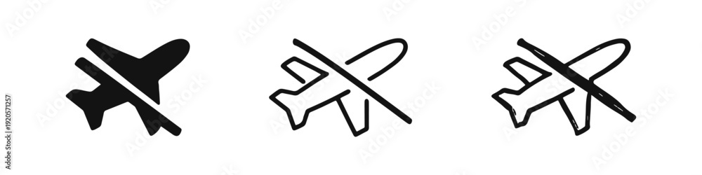 Obraz premium Hand-drawn Airplane Mode Icon Set - No Flying Symbol in Solid, Outline, and Doodle Styles