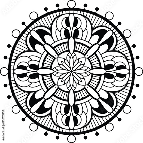 Black and white floral mandala vector illustration, symmetrical ornamental circle pattern, intricate decorative geometric line art design