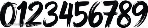 Hand-drawn black brush stroke numbers set from 0 to 9 with Expressive Ink Texture for sports branding, streetwear design, and countdown graphics.