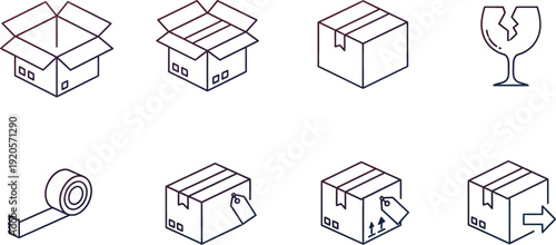 Isometric line drawings depict various stages of package handling including open boxes, sealed containers, and fragile warnings.