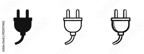 Electrical plug icon set in solid, outline, and hand-drawn styles, perfect for energy and power concepts.