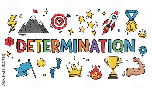 Colorful determination theme with motivational icons and vibrant illustrations