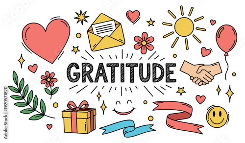 Gratitude concept with hearts, gifts, and symbols of happiness