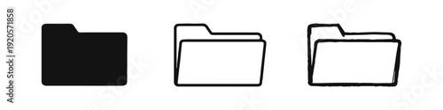 Folder icon set for file organization and storage, in solid, outline, and hand-drawn styles.