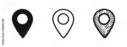 Location Pin Map Marker Icons Set: Filled, Outline, and Hand-Drawn Styles