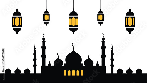 Islamic Mosque Skyline with Hanging Traditional Lanterns and Crescent Moons for Ramadan Kareem Greetings and Eid Mubarak Celebration Background