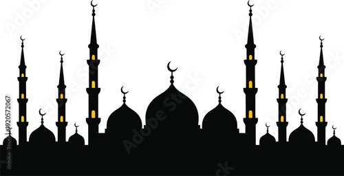 Islamic Mosque Silhouette with Minarets and Crescents for Ramadan Kareem Eid Mubarak Background and Religious Cultural Landmark Design