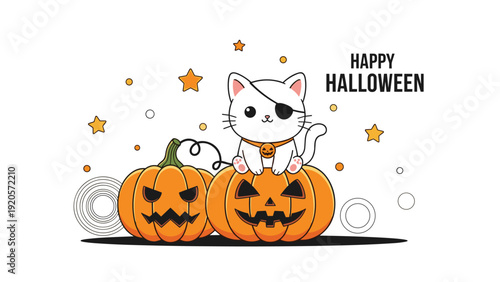 Halloween themed illustration featuring a cute white pirate cat with an eyepatch sitting on two carved jack o lanterns under a starry sky.