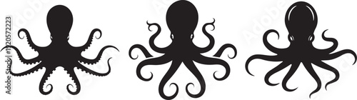 Octopus icon set isolated on white background black silhouette and outline vector illustration of marine animal.