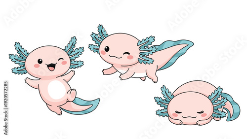 Three cute pink axolotls in various happy poses including dancing winking and sleeping peacefully with gills and long tails on white.