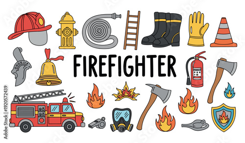 Firefighter equipment and tools illustration with fire truck and safety gear icons