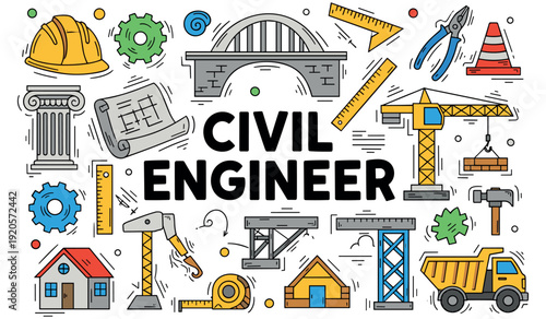 Civil engineering tools and symbols illustration with construction elements