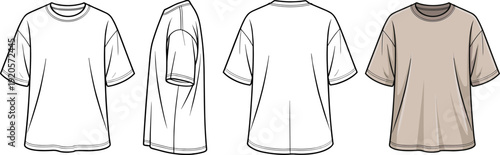 Neutral T Shirt CAD Drawing Front Back Sleeve Views Flat Fashion Template Casual Apparel Mockup Vector Illustration