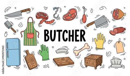 Colorful butcher tools and meats illustration with kitchen items