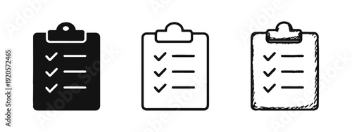 Set of checklist clipboard icons in three distinct styles: solid, outline, and hand-drawn sketch.